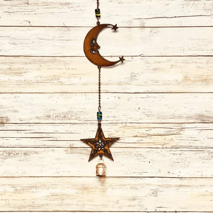 Moon and Star Double Rusty Metal Bell Chime