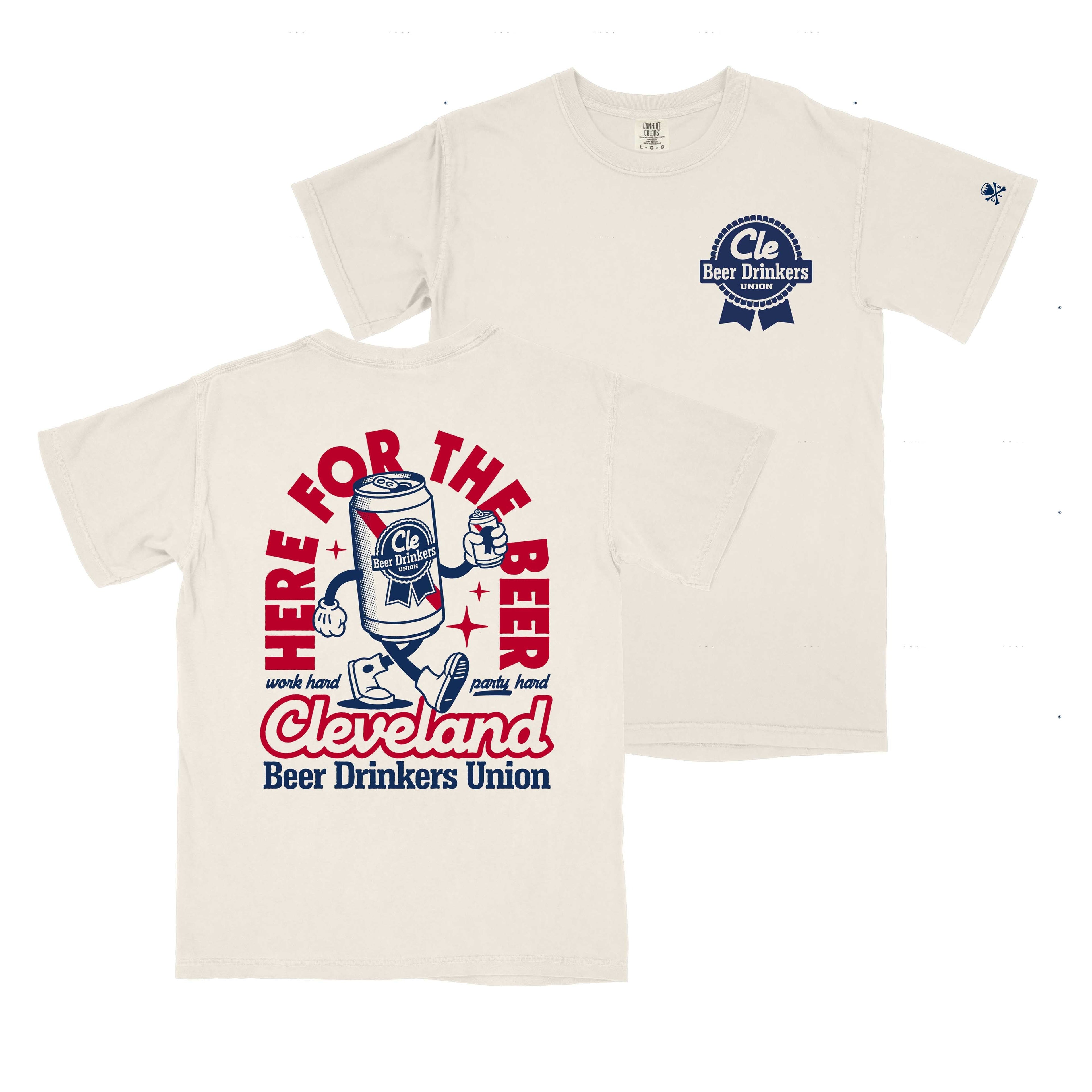 Here For The Beer, Cleveland Beer Drinkers Union - Navy/Red - Mens/Unisex Crew T-shirt